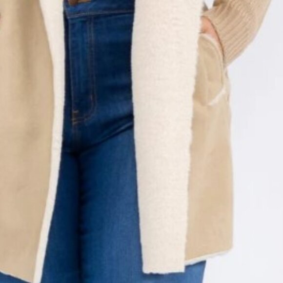 OnTwelfth Women’s Plus Size Open Front Faux Suede & Sherpa Lined Coat – Beige - Picture 8 of 12